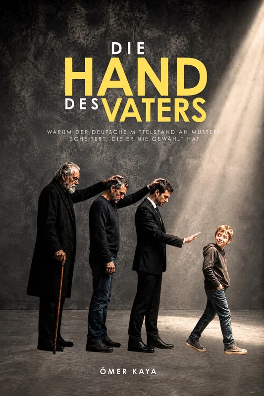 غلاف Die Hand des Vaters: أربعة أجيال من الرجال، كل منهم يضع يده على رأس من هو أصغر منه، وصبي يمضي نحو الضوء